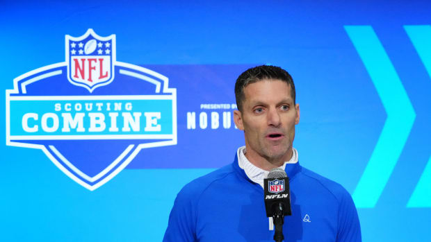 Texans general manager Nick Caserio speaks at a press conference at the NFL Scouting Combine at Indiana Convention Center.